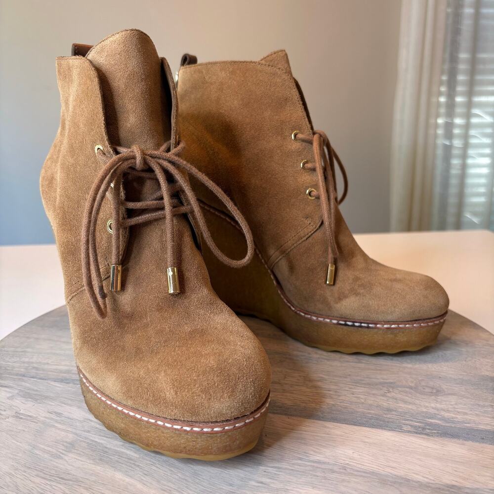 Tory Burch Denise Wedge Booties Women's Suede Camel Platform Lace Up Size 11 M